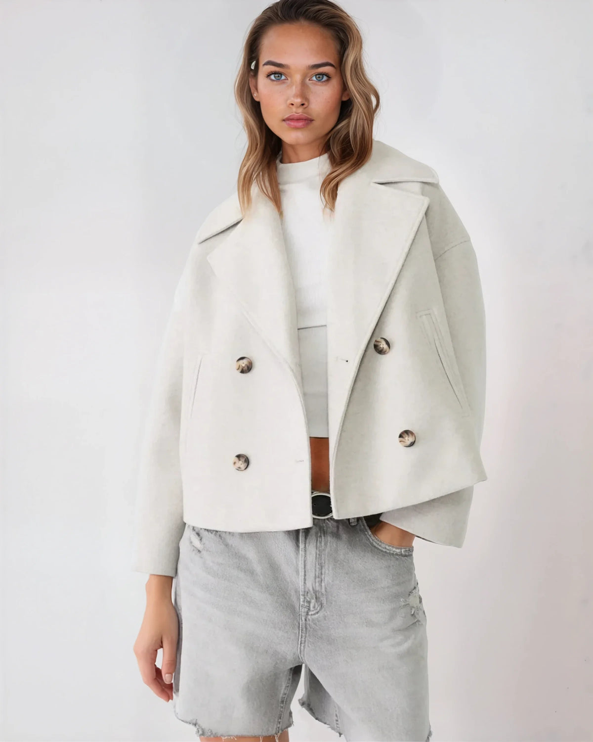 Amélie Veste Femme – Veste Courte Croisée en Laine avec Revers Élégants & Style Hivernal Chic