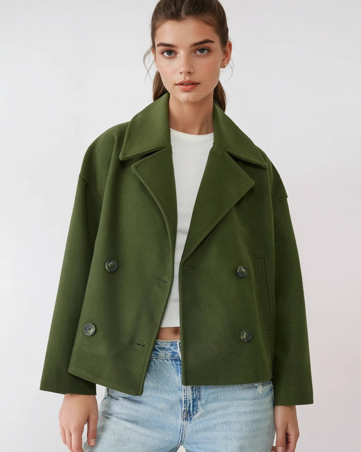 Amélie Veste Femme – Veste Courte Croisée en Laine avec Revers Élégants & Style Hivernal Chic
