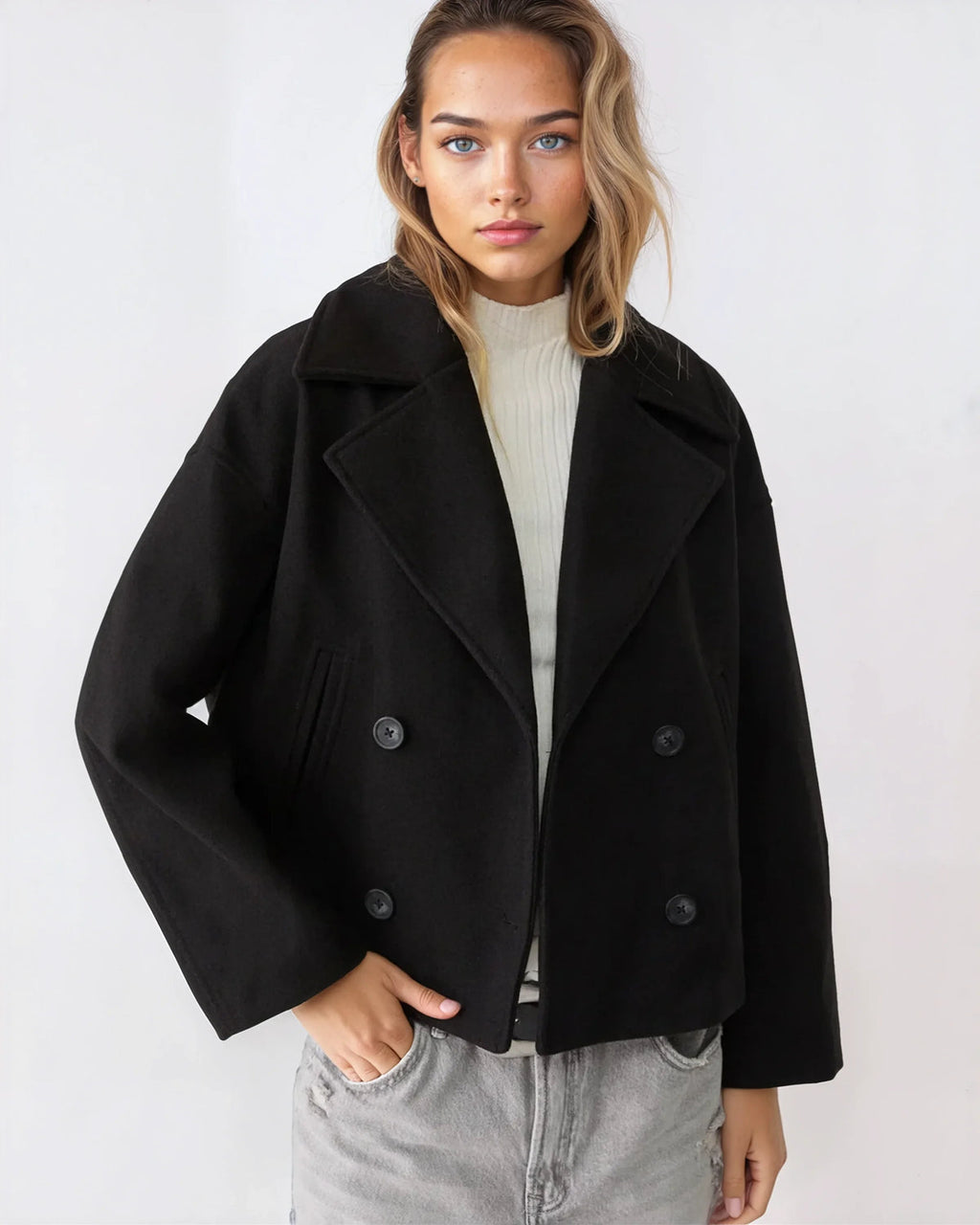Amélie Veste Femme – Veste Courte Croisée en Laine avec Revers Élégants & Style Hivernal Chic