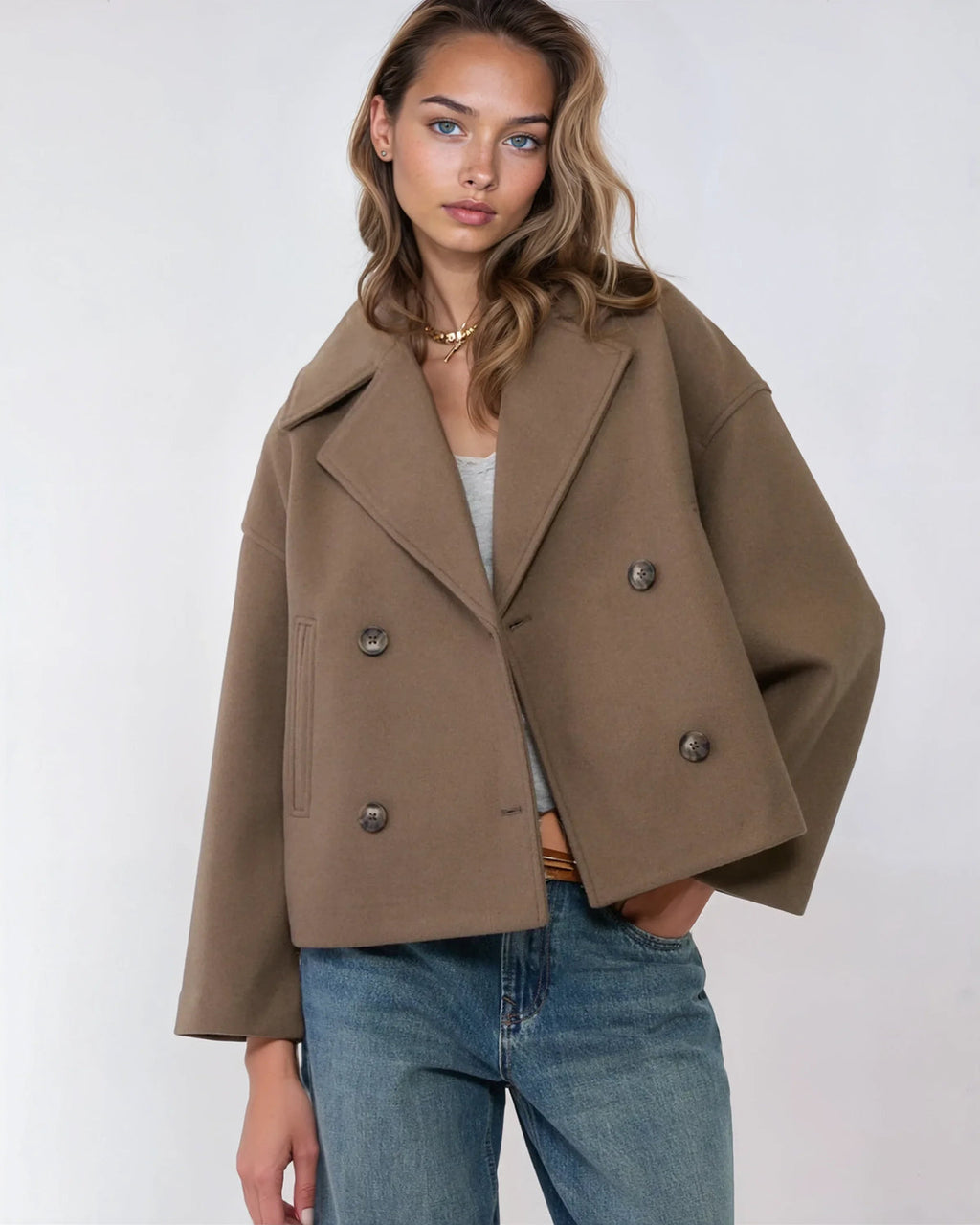 Amélie Veste Femme – Veste Courte Croisée en Laine avec Revers Élégants & Style Hivernal Chic