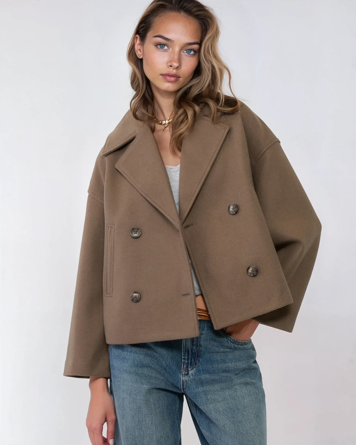 Amélie Veste Femme – Veste Courte Croisée en Laine avec Revers Élégants & Style Hivernal Chic