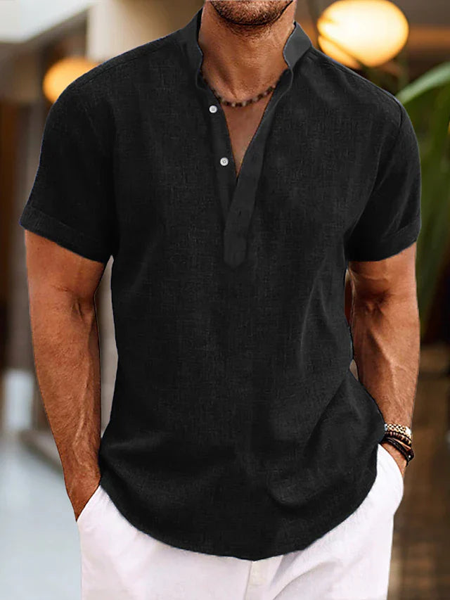 Logan Chemise Homme en Lin – Chemise d'Été Respirante avec Col Henley et Manches Courtes