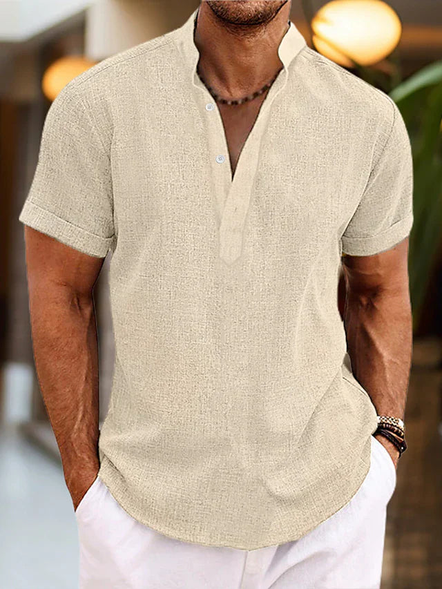 Logan Chemise Homme en Lin – Chemise d'Été Respirante avec Col Henley et Manches Courtes