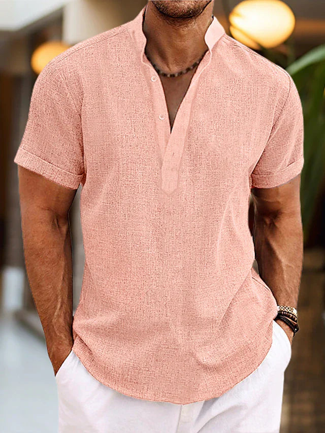 Logan Chemise Homme en Lin – Chemise d'Été Respirante avec Col Henley et Manches Courtes