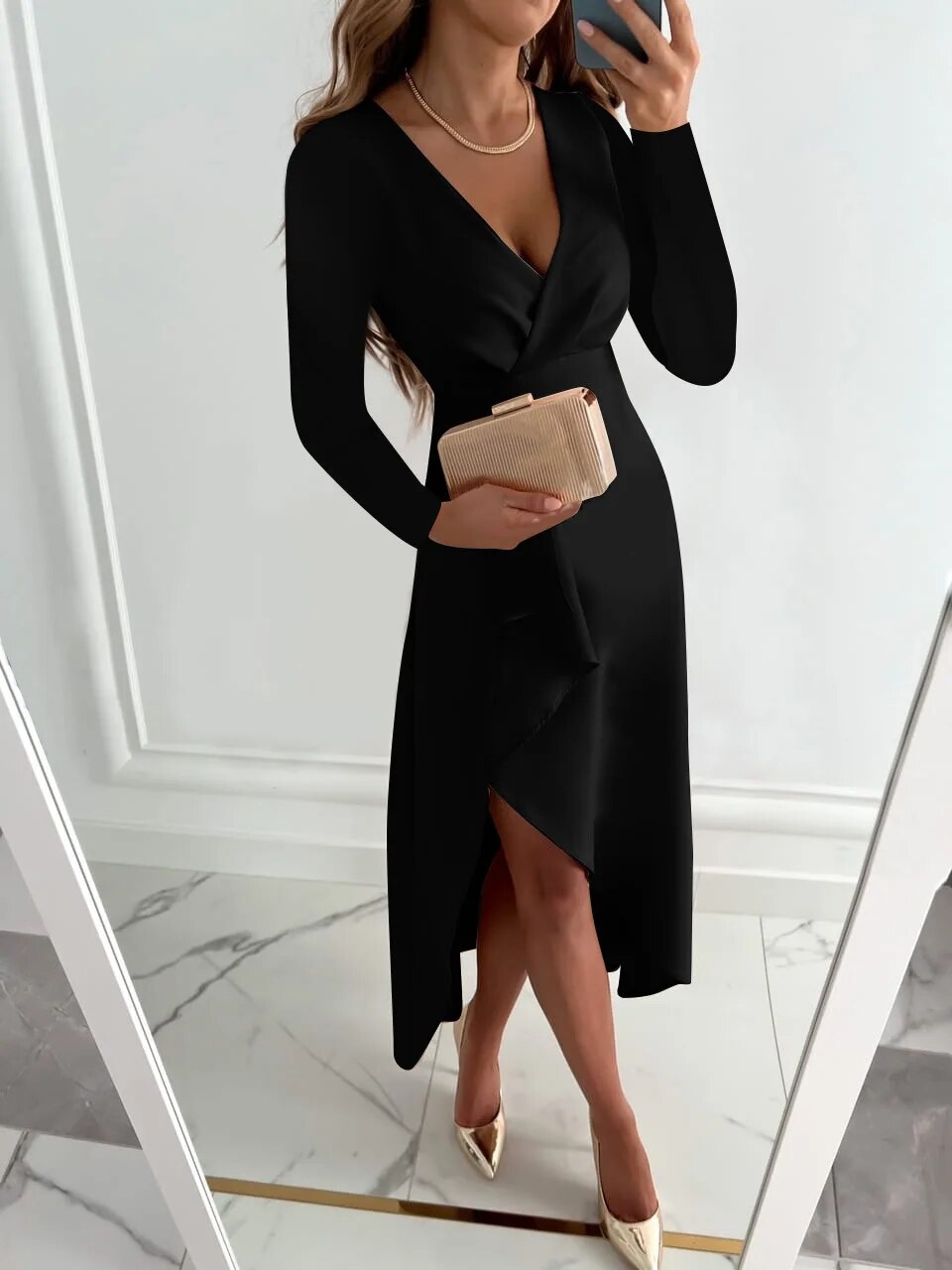 Juliette Robe Longue Femme – Robe Élégante à Col V, Manches Longues & Coupe Féminine Chic